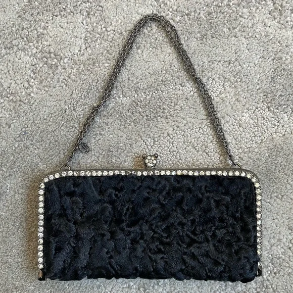 Clara Kasavina Black Fur Swarovski Crystal Embellished Evening Bag Clutch - Picture 1 of 11